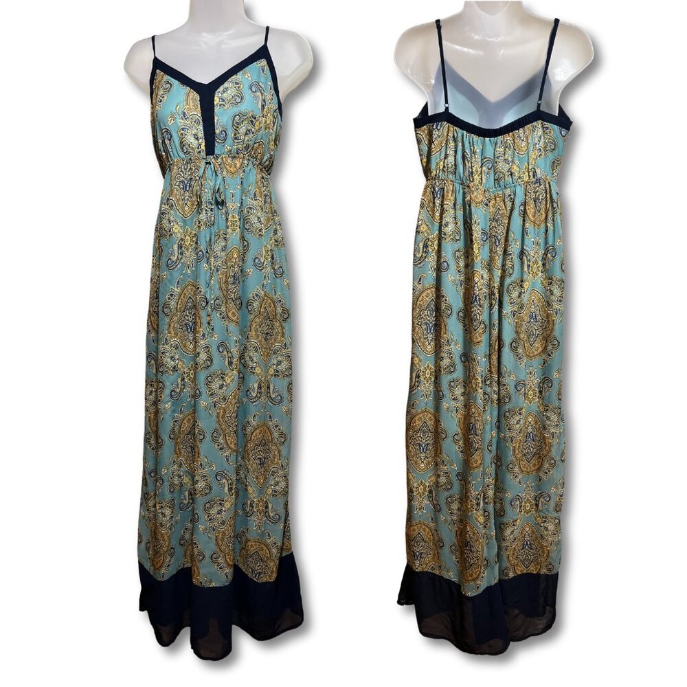 Doe & Rae Boho Paisley Maxi Dress Blue Gold Flowy Adjustable Straps